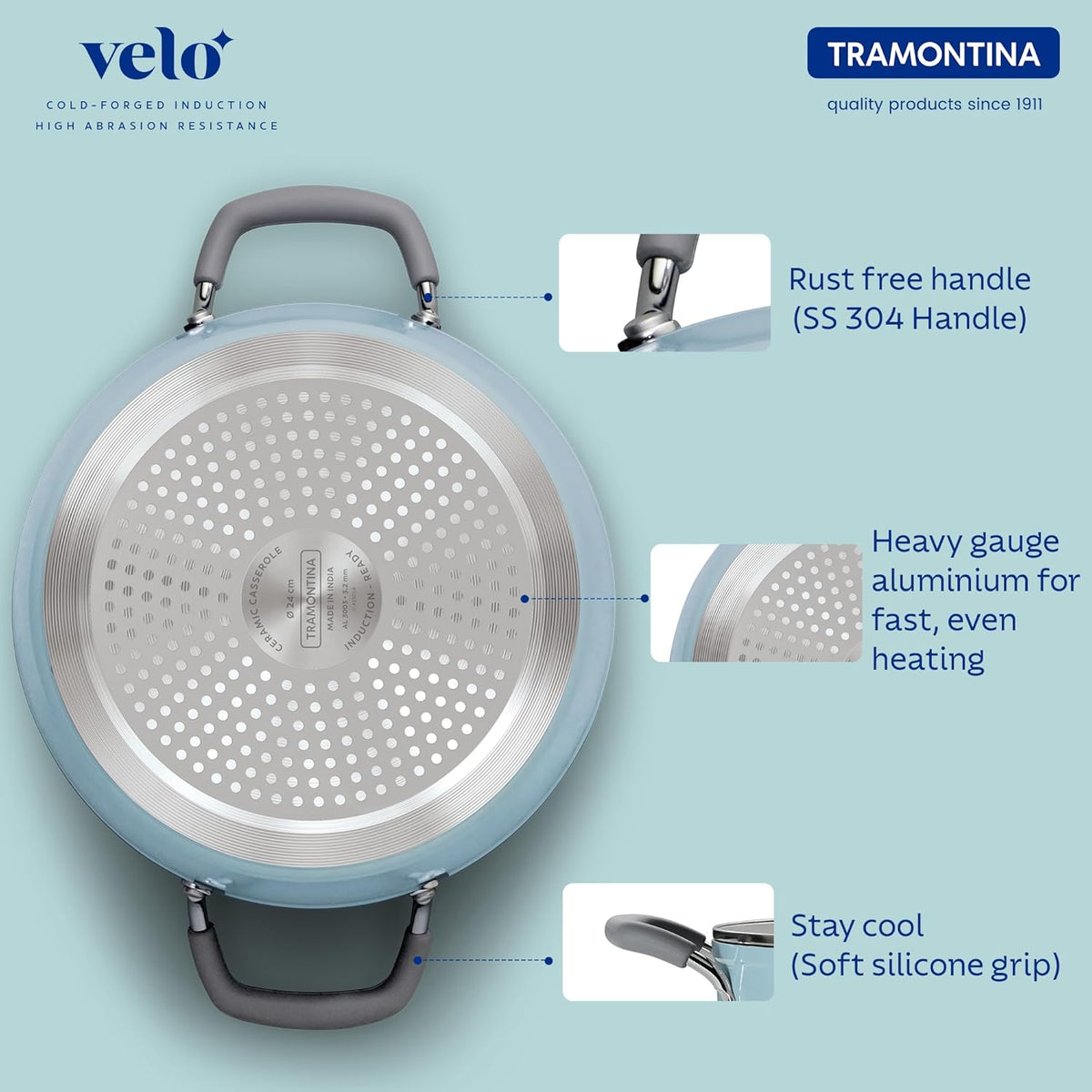 Tramontina India Velo Forged 24 cm casserole in sea green with a sturdy handle and glass lid on a kitchen countertop.
