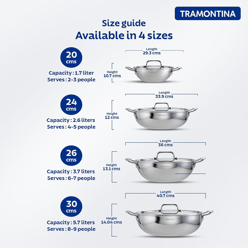 Tramontina India Fusao EX+ 20cm ceramic stainless steel tri-ply kadai with lid, 1.7L capacity, suitable for cooking and frying