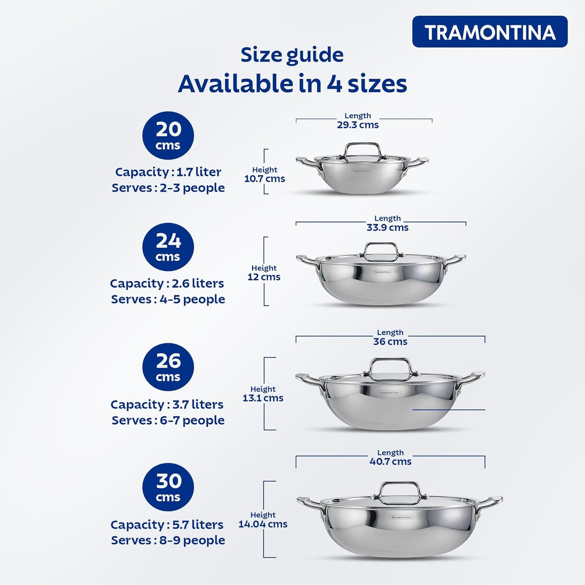 Tramontina India Fusao EX+ 26cm ceramic stainless steel tri-ply Kadai with lid, 3.7L, shown with lid on and cooking surface visible.
