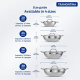 Tramontina India Fusao EX+ 26cm ceramic stainless steel tri-ply Kadai with lid, 3.7L, shown with lid on and cooking surface visible.