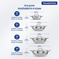 Tramontina India Fusao EX+ 30cm ceramic stainless steel tri-ply Kadai with lid, 5.7L capacity, showcasing the cookware's sleek design.