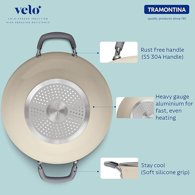 Tramontina India Velo Forged Deep Kadai 22 cm in sand color, round cooking pan with sturdy handles, used for deep frying and sautéing.