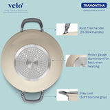 Tramontina India Velo Forged Deep Kadai 32cm in sand color, round cookware with a sturdy handle for cooking and serving.