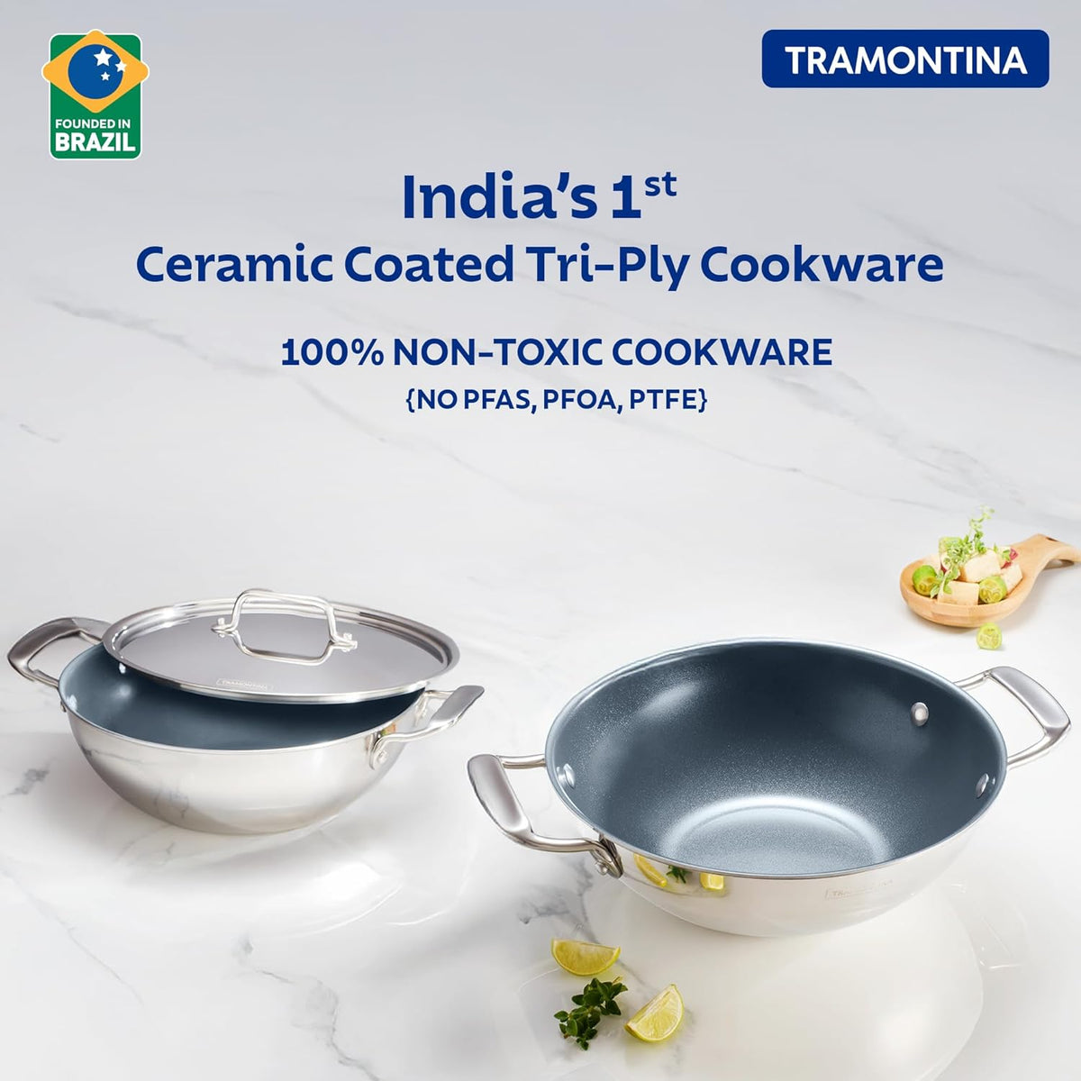 Tramontina India Fusao EX+ 26cm ceramic stainless steel tri-ply Kadai with lid, 3.7L capacity, suitable for cooking and sautéing.
