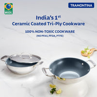 Tramontina India Fusao EX+ 26cm ceramic stainless steel tri-ply Kadai with lid, 3.7L capacity, suitable for cooking and sautéing.
