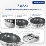 Tramontina India Fusao EX+ 26cm ceramic stainless steel tri-ply Kadai with lid, 3.7L capacity, shown with lid and sturdy handle