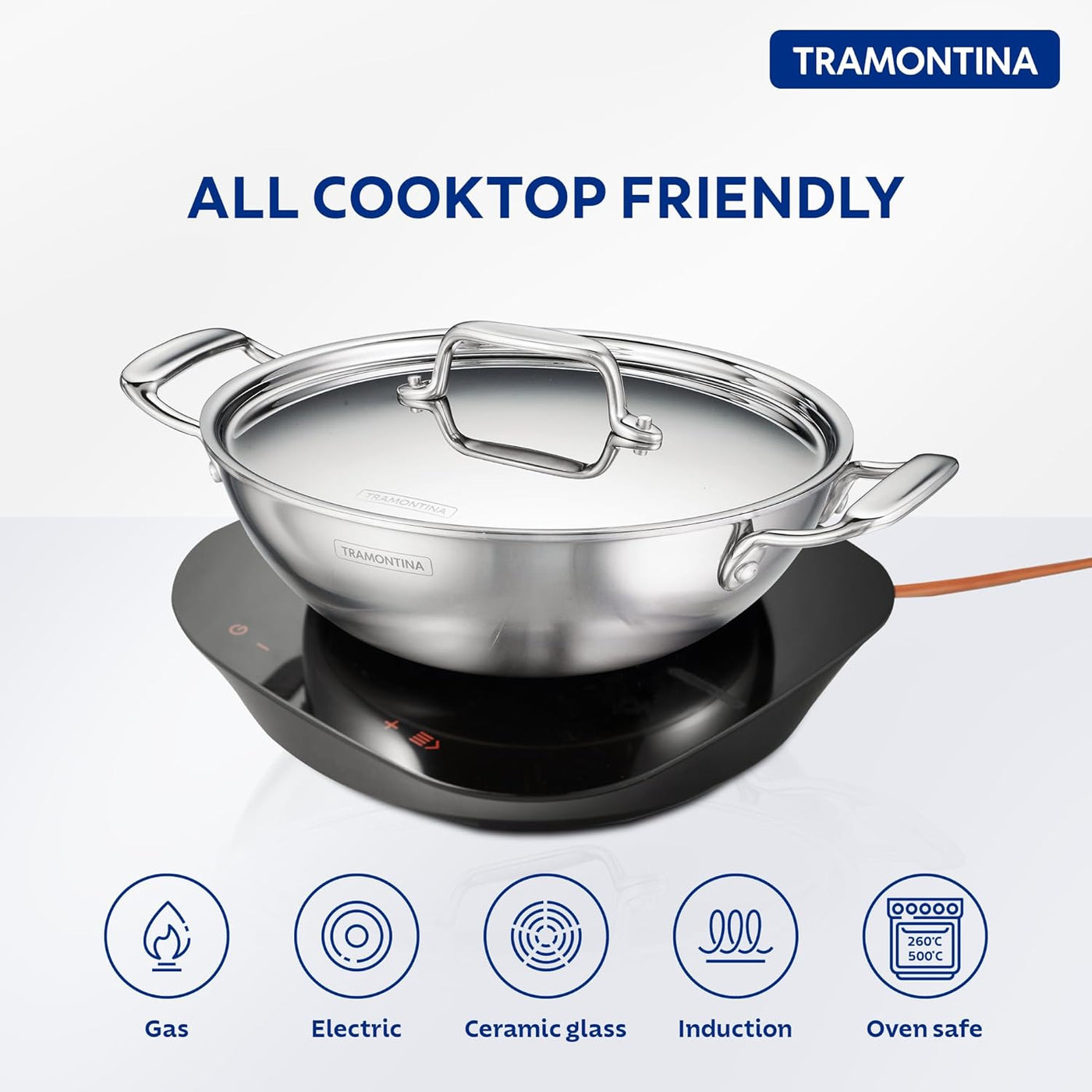 Tramontina India Fusao EX+ 30cm ceramic stainless steel tri-ply Kadai with lid, 5.7L capacity, suitable for cooking and frying.