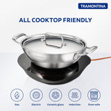 Tramontina India Fusao EX+ 26cm ceramic stainless steel tri-ply Kadai with lid, 3.7L capacity, shown with lid on and cooking surface visible.