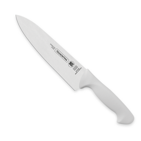 White Tramontina India 20cm chef knife with sharp stainless steel blade and ergonomic handle for precise cutting.