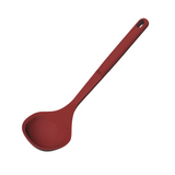Red Softta silicone ladle by Tramontina India, showing a comfortable handle and deep bowl for serving soups and sauces.