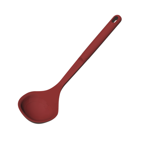 Red Softta silicone ladle from Tramontina India, showcasing its comfortable handle and flexible silicone scoop for cooking.