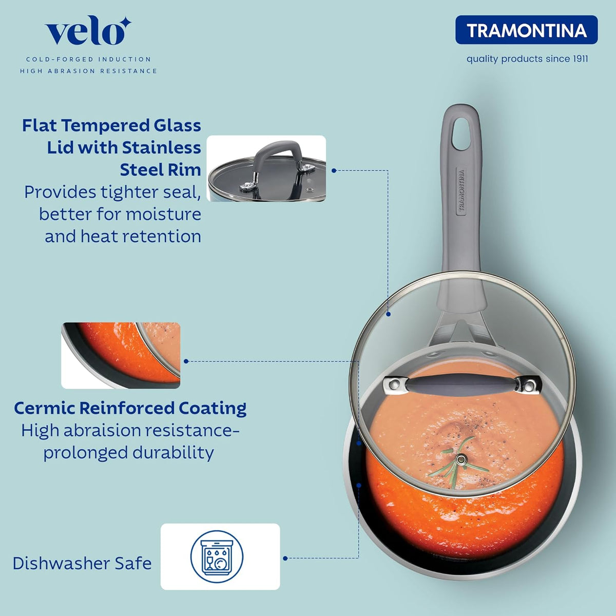 Tramontina India Velo Forged 16 cm Sea Saucepan with black handle and stainless steel body, perfect for cooking sauces.