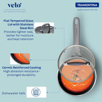 Tramontina India Velo Forged 16 cm Sea Saucepan with black handle and stainless steel body, perfect for cooking sauces.