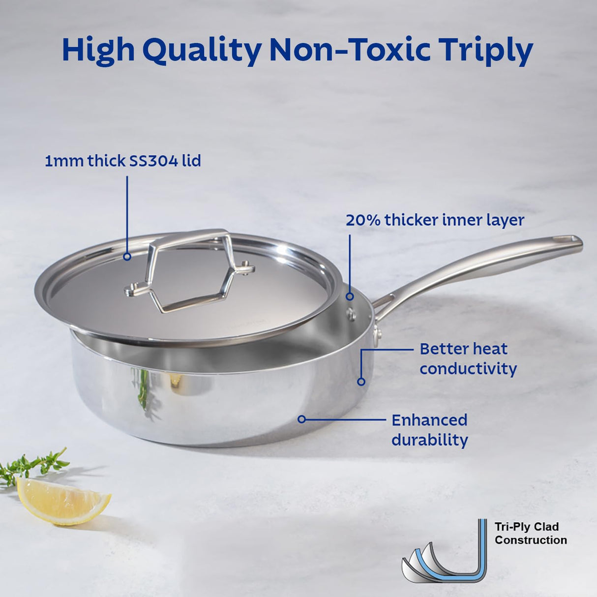 Aeion 24cm Stainless Steel Tri-Ply Sauté Pan with SS Lid - 2.8L