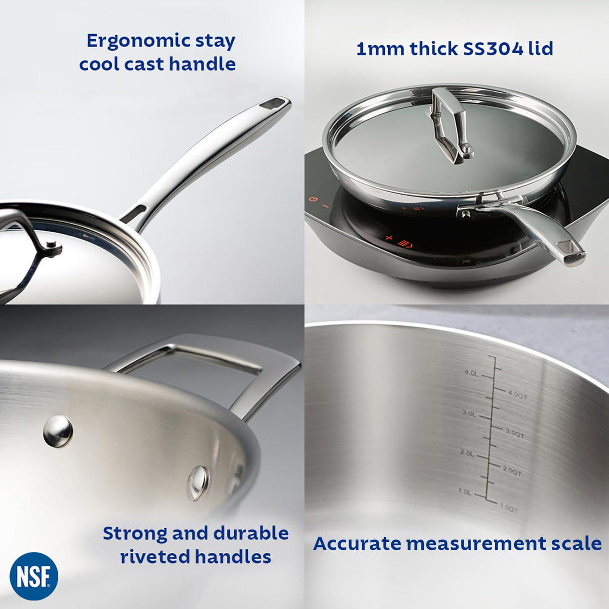 Aeion 24cm Stainless Steel Tri-Ply Sauté Pan with SS Lid - 2.8L