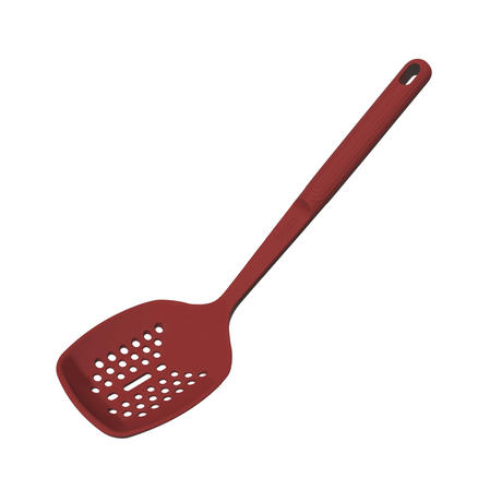 Red Softta Silicone Skimmer by Tramontina India with a stainless steel handle for easy cooking and straining.