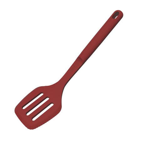 Red Tramontina India Softta silicone slotted turner for flipping and serving, with a durable silicone head and ergonomic handle.
