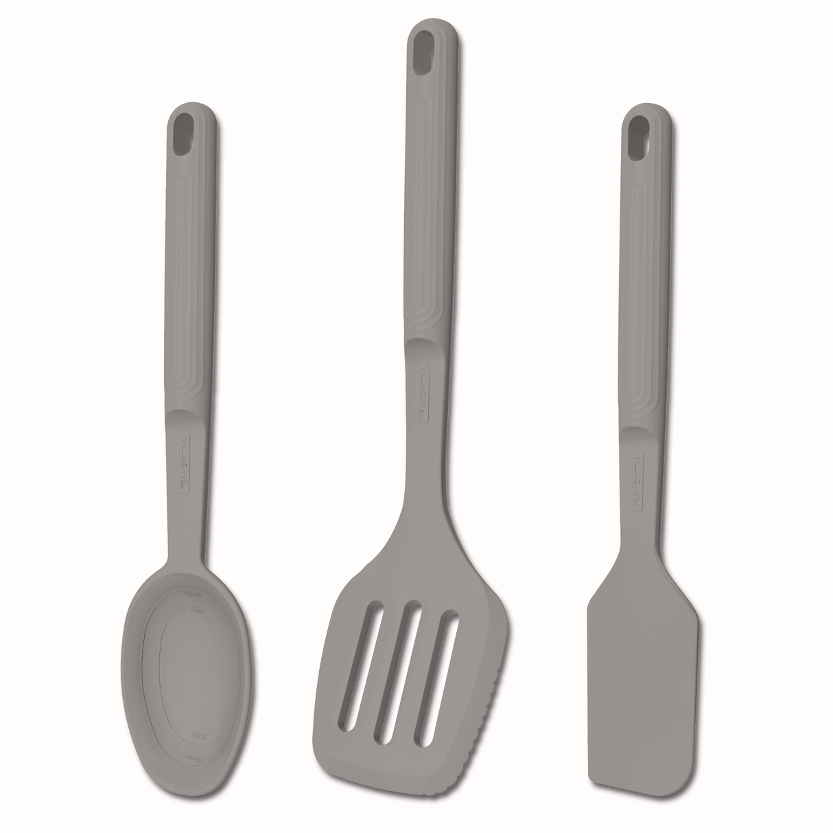 Tramontina India Softta silicone 3-piece utensil set with slotter, turner, spatula, and spoon in grey for cooking and baking.