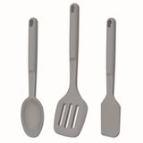 Tramontina India Softta silicone 3-piece utensil set with slotter, turner, spatula, and spoon in grey for cooking and baking.