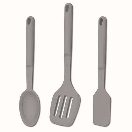 Tramontina India Softta silicone 3-piece utensil set with slotter, turner, spatula, and spoon in grey for cooking and baking.