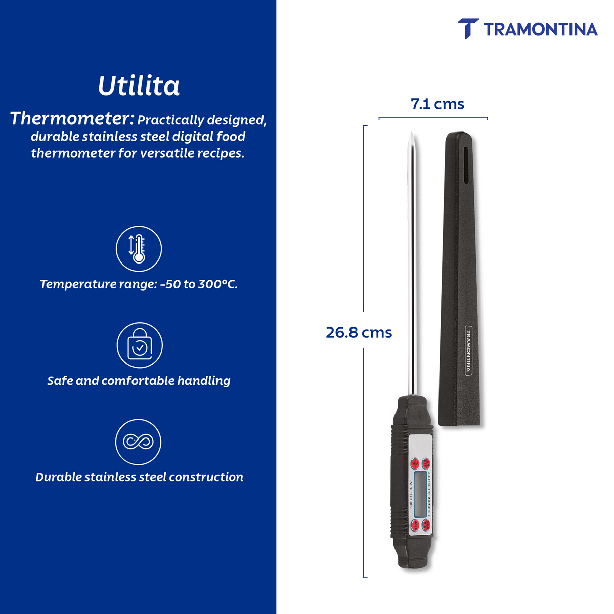 Tramontina India Utilitá digital food thermometer showing a stainless steel probe and digital display for accurate temperature reading.