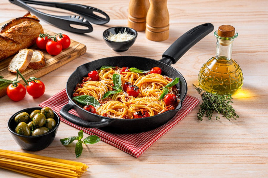 Titanex Pre-Seasoned Cast Iron Combo Set - 20cm Fry Pan + 24cm Dosa Tawa (With Silicone Grip)