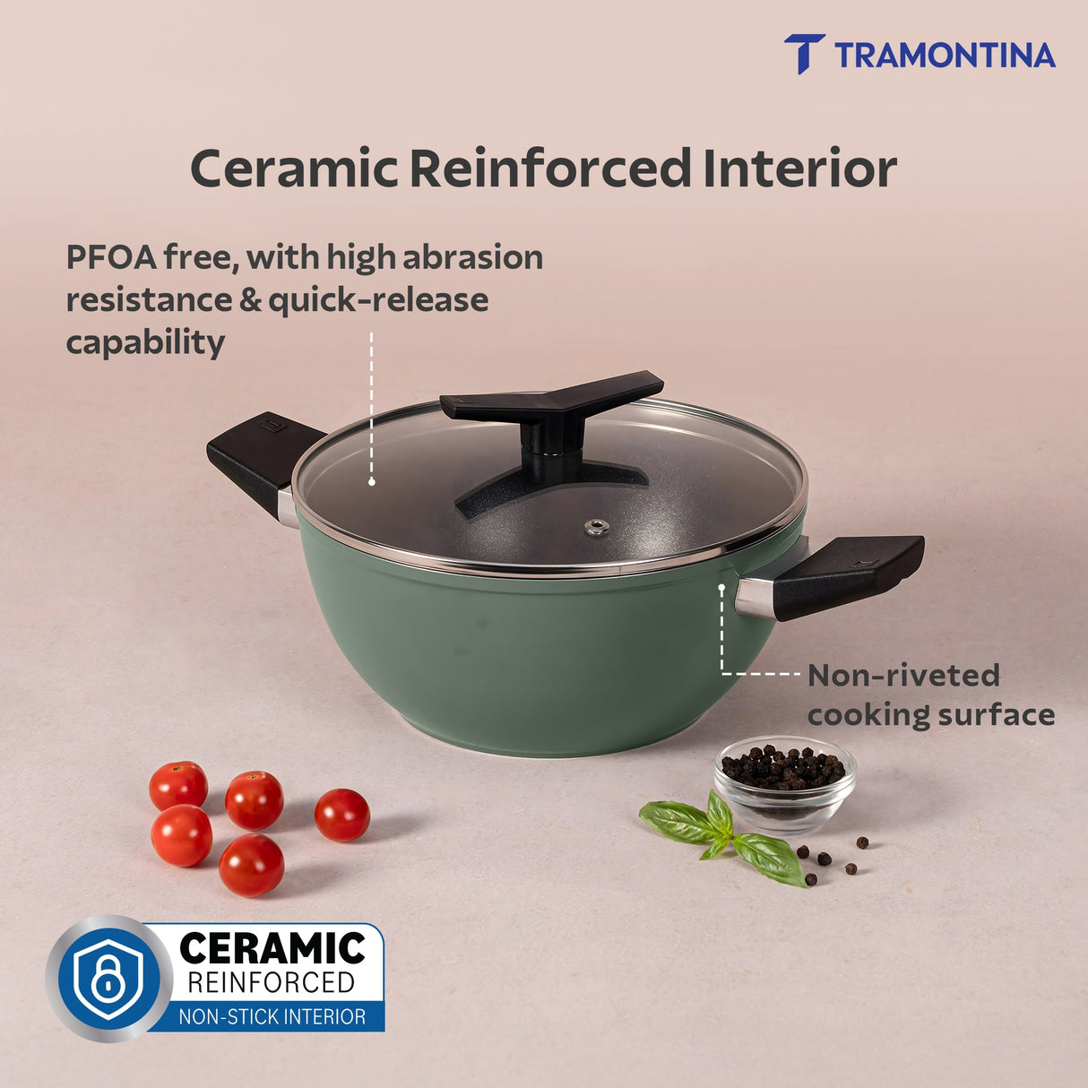 Aura Ceramic Reinforced Non-Stick Extra Deep Kadai with Lid – 22 cm/ 2.9L (Sea Green)