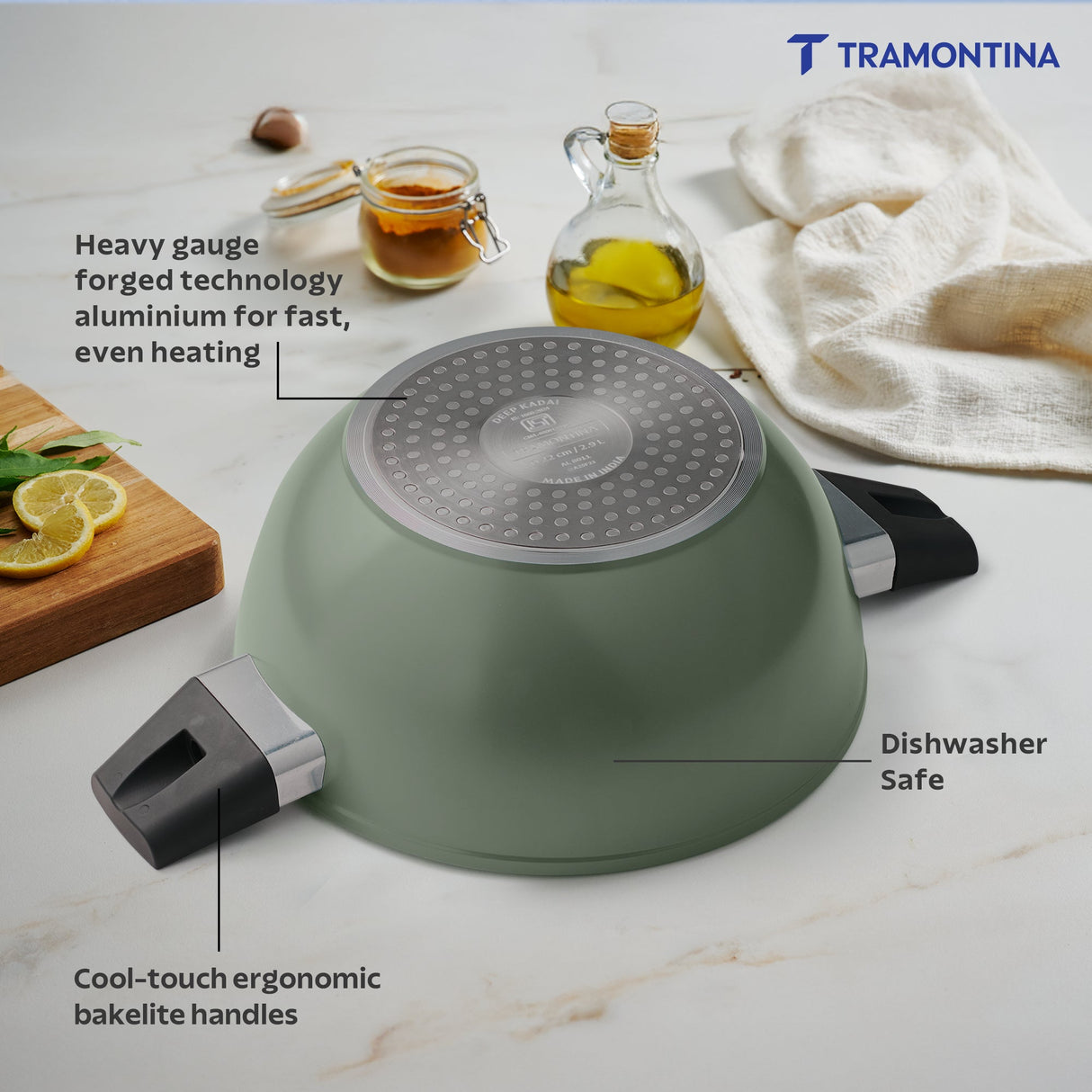 Aura Ceramic Reinforced Non-Stick Extra Deep Kadai with Lid – 22 cm/ 2.9L (Sea Green)