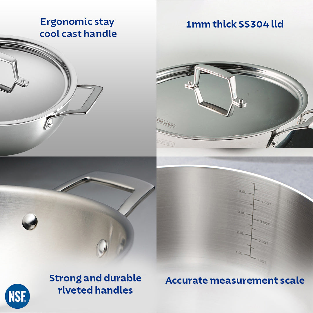 Aeion 40cm Stainless Steel Tri-Ply Extra Deep Kadai with SS Lid - 14.3L - Tramontina India