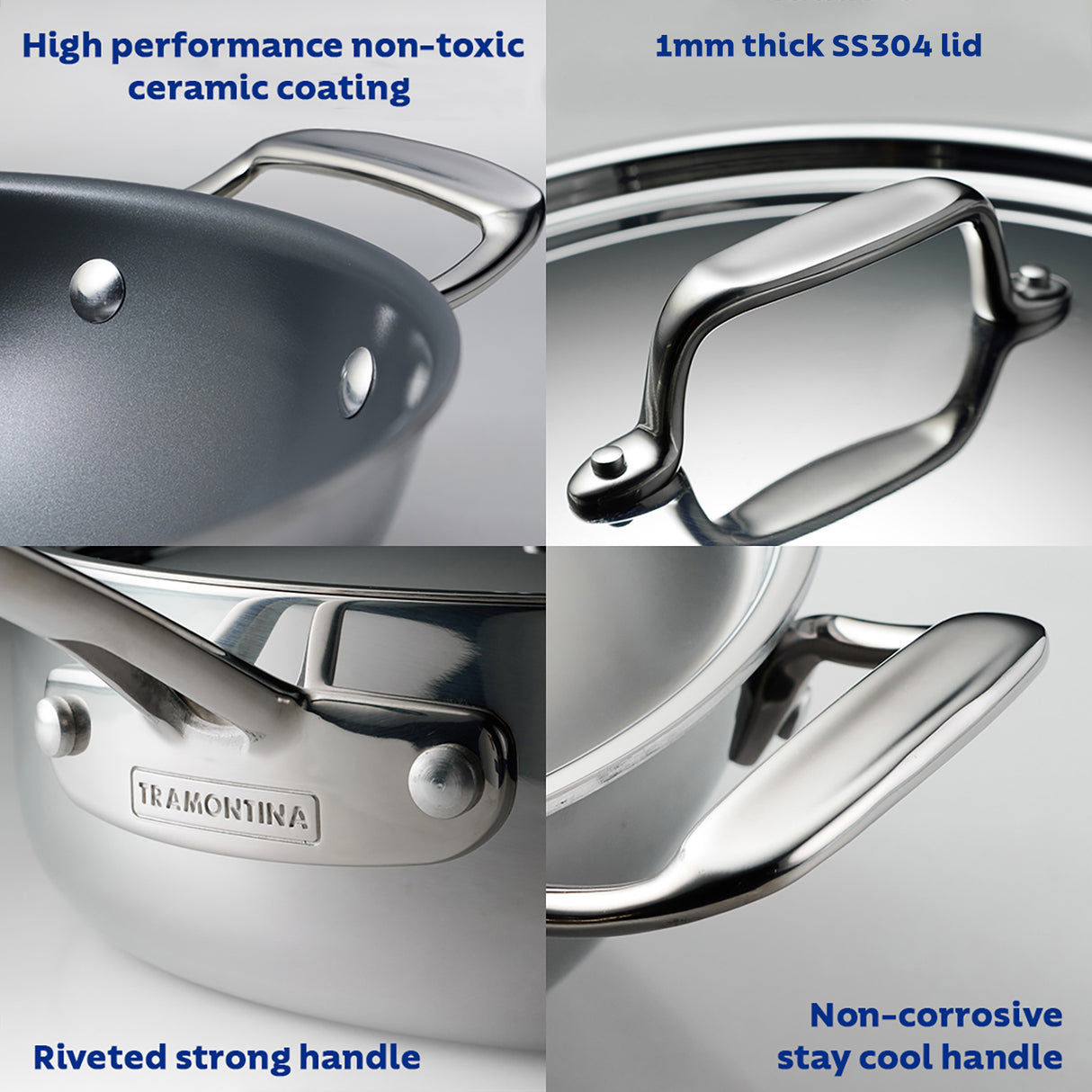 Fusao EX+ 20cm Ceramic Stainless Steel Tri-Ply Extra Deep Kadai with SS Lid - 2.3L - Tramontina India