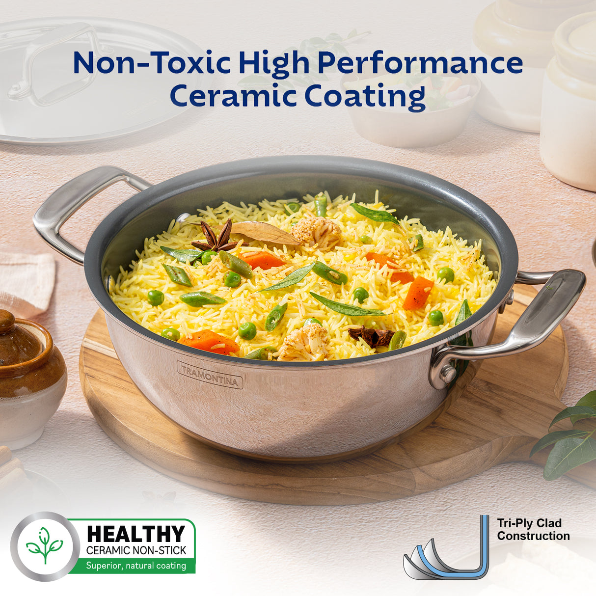 Fusao EX+ 36cm Ceramic Stainless Steel Tri-Ply Extra Deep Kadai with SS Lid - 10.9L - Tramontina India