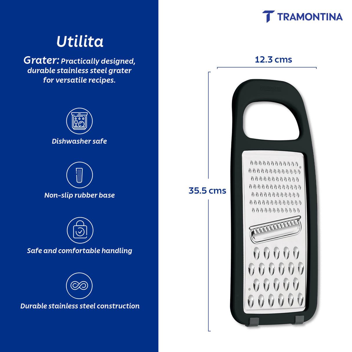 Utilitá stainless steel grater with polypropylene handle and non-slip rubber base in black - Tramontina India