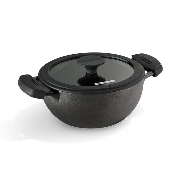 Tramontina India Titanex 26cm cast iron deep Kadai with heat-resistant silicone grip, 4.6L capacity, pre-seasoned for cooking.