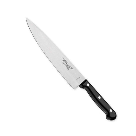 Black Tramontina India Ultracorte 6-inch antimicrobial stainless steel chef knife with straight back blade and polypropylene handle.