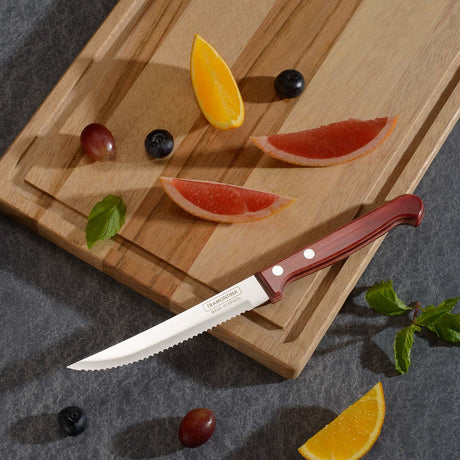 Polywood 5" Stainless Steel Steak & Fruit knife Serrated Blade - Impact & Heat Resistant Wooden Handle (Red) - Tramontina India