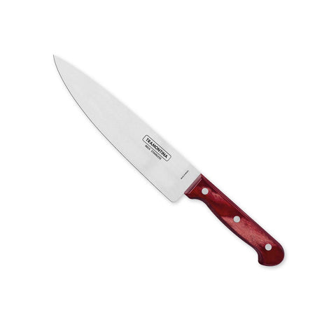 Red Tramontina India Polywood 6-inch stainless steel chef knife with impact-resistant wooden handle and straight back blade.