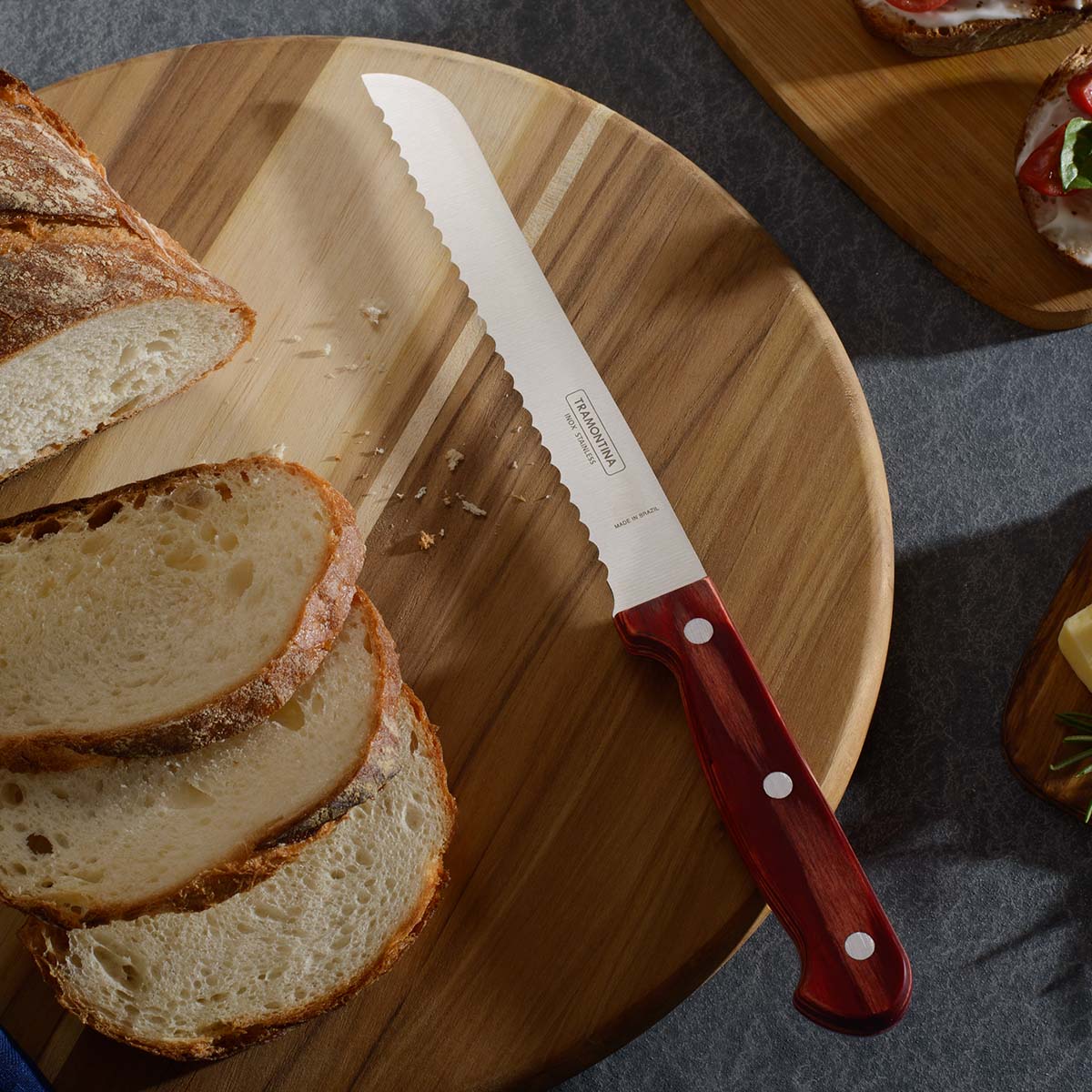 Polywood 7" Stainless Steel Bread knife Wavy Serrated Blade - Impact & Heat Resistant Wooden Handle (Red) - Tramontina India