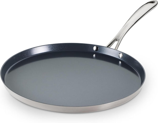 Tramontina India Fusao EX+ 30cm ceramic stainless steel tri-ply dosa tawa with 4mm thickness and flat cooking surface.