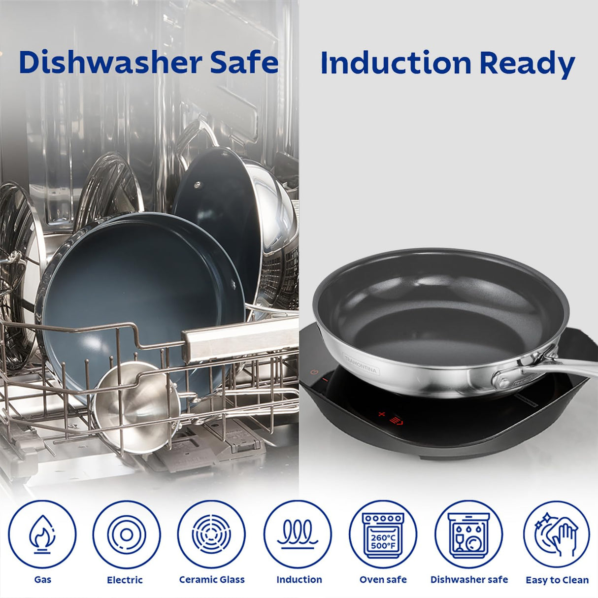 Tramontina India Fusao EX+ 26cm triply ceramic wok with stainless steel lid, showing the wok's ceramic coating and lid in the image.