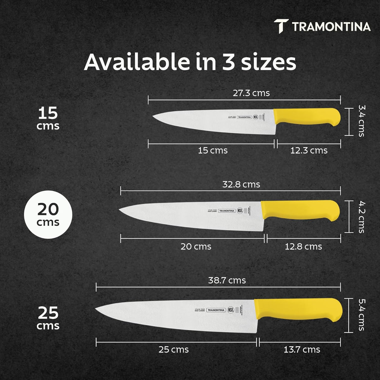 Yellow 25cm Tramontina India professional meat and chef knife, showcasing sharp blade and ergonomic handle.